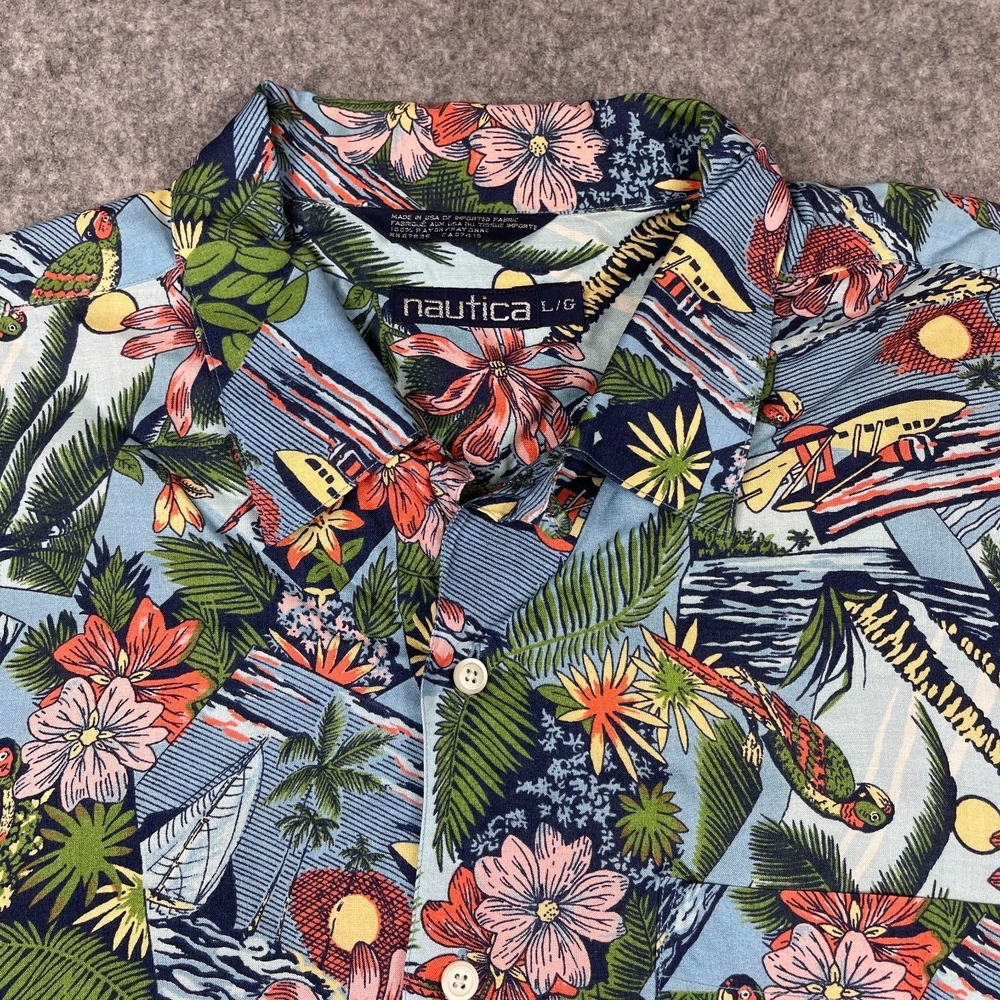 Vintage Nautica Camp Shirt Large Blue Seaplane‎ Island Sailboat Birds USA Made